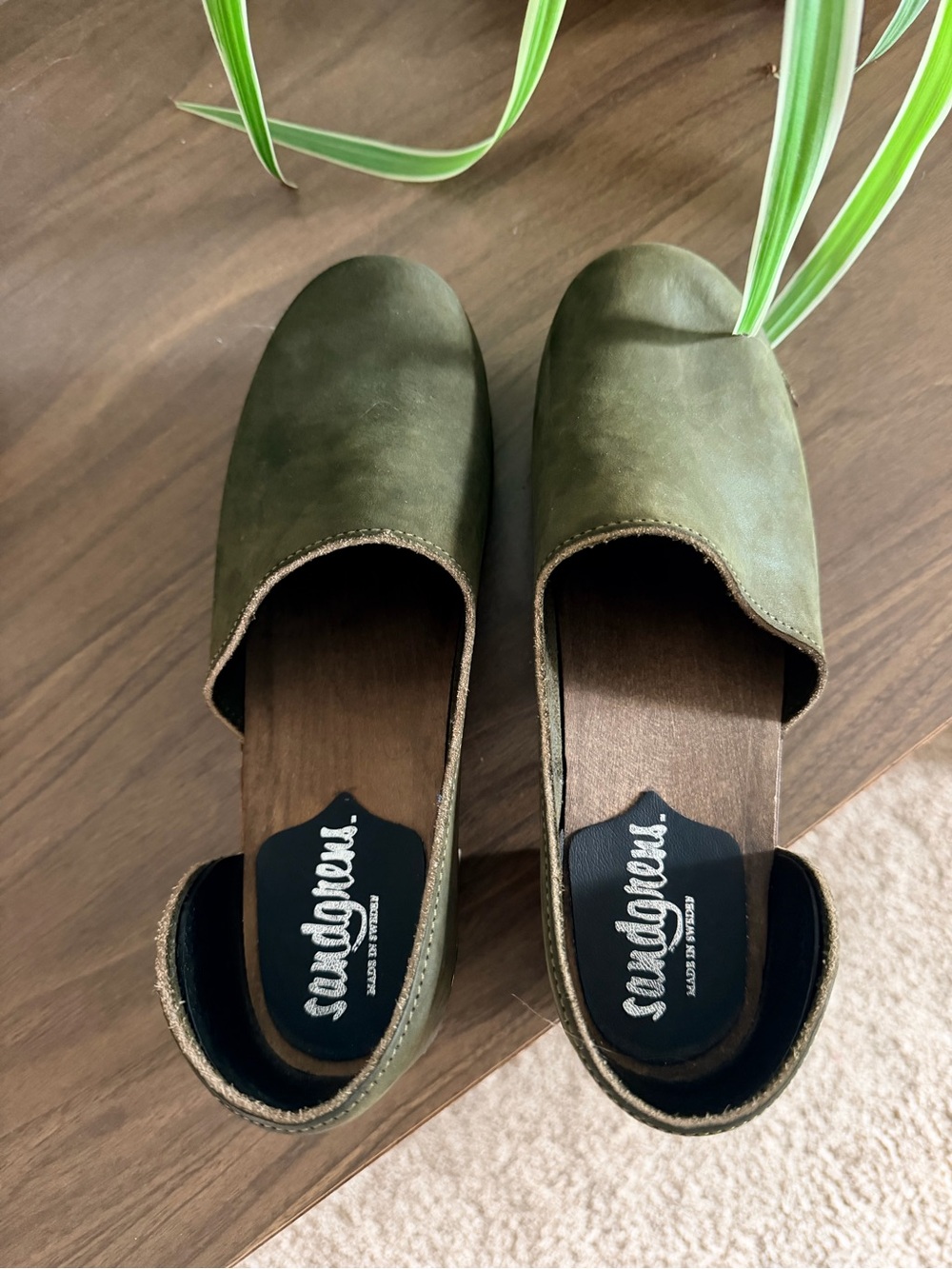 Olive Green Leather Clog Mules with Wooden Heel - Picture 3 of 8